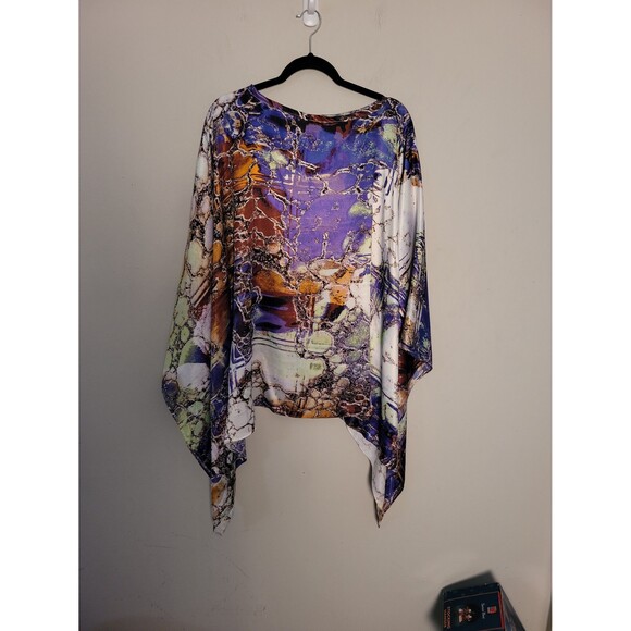 Thierry Roger Colorful Silky Poncho Top Artsy Comfy - Picture 1 of 6